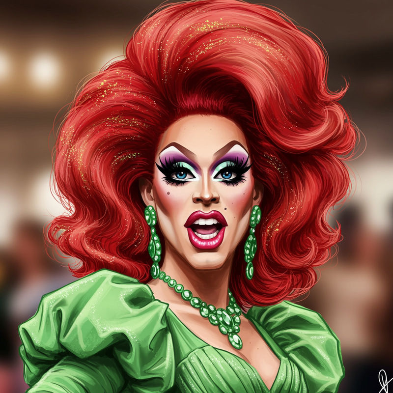 Funny Drag Queen Caricature in Green Dress