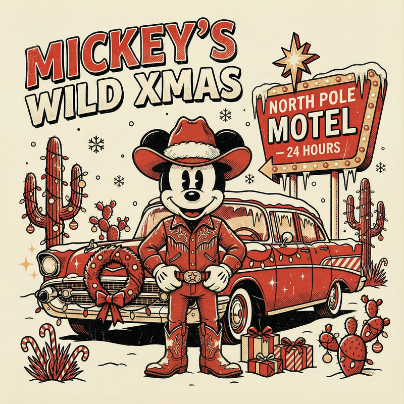 Retro Western Christmas Illustration - Mickey Mouse