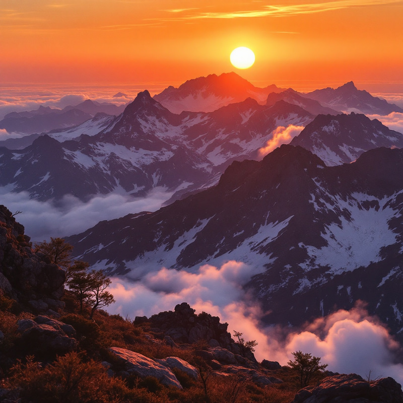 1980 Mountain Sunset with Flying Birds 1980 Mountain Sunset with Flying Birds