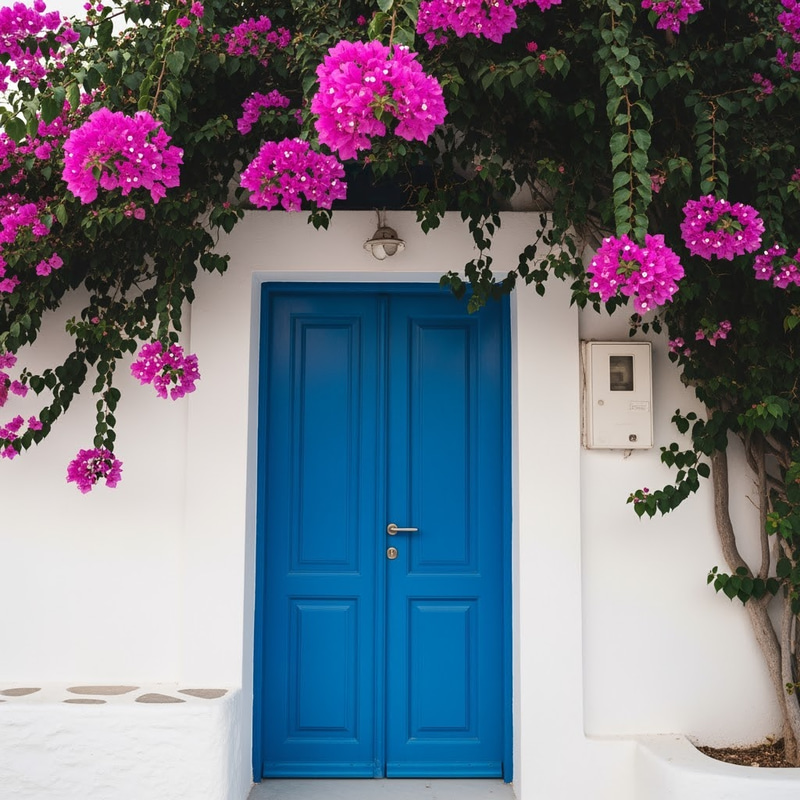 Stunning Cycladic Blue Door with Bougainvillea Stunning Cycladic Blue Door with Bougainvillea