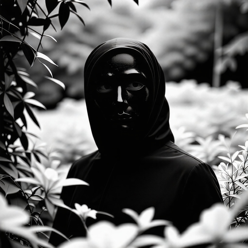 Mysterious Masked Figure in Serene Garden - Classic Film Noir Mysterious Masked Figure in Serene Garden - Classic Film Noir