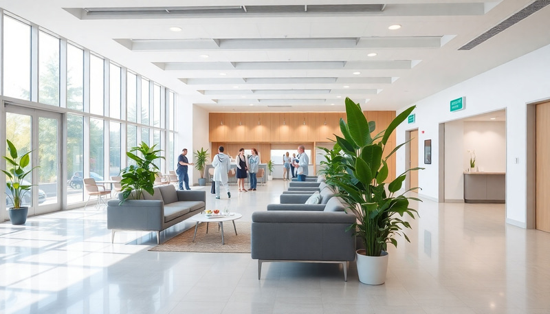 Modern Polyclinic Interior with Spacious Waiting Area Modern Polyclinic Interior with Spacious Waiting Area