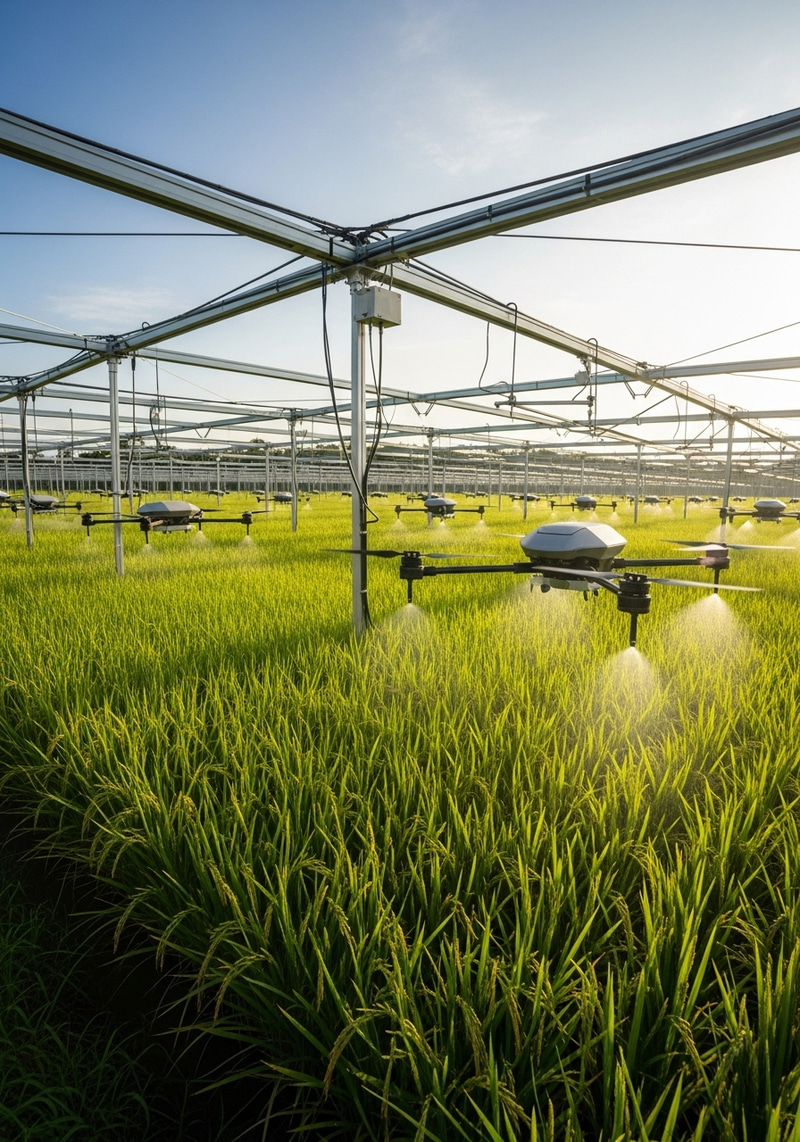 Futuristic Rice Field with Drone Technology