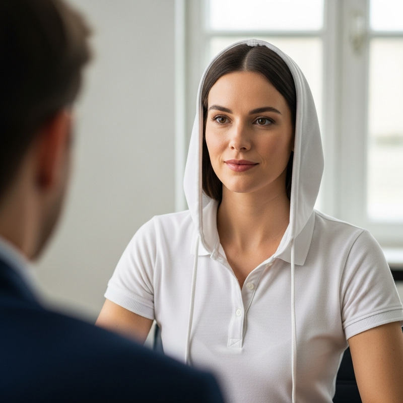 Caucasian Woman in White Polo: Interview Style Caucasian Woman in White Polo: Interview Style