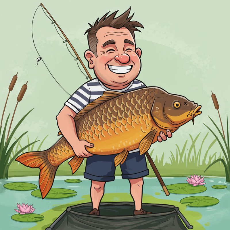 Cartoon Style Man with Big Carp