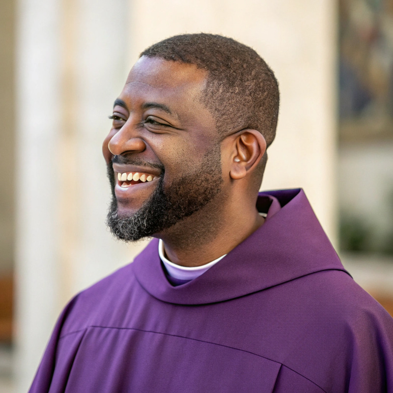 Smiling Priest in Purple Robe with Short Hair