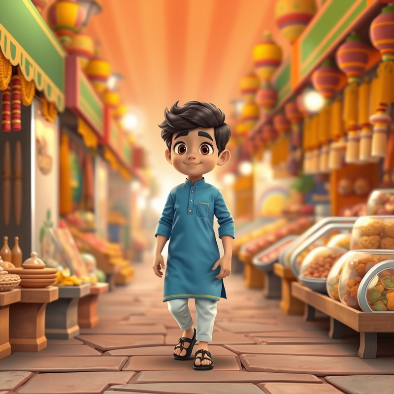 Young Boy in Kurta at Indian Street Stalls - 3D Style Young Boy in Kurta at Indian Street Stalls - 3D Style