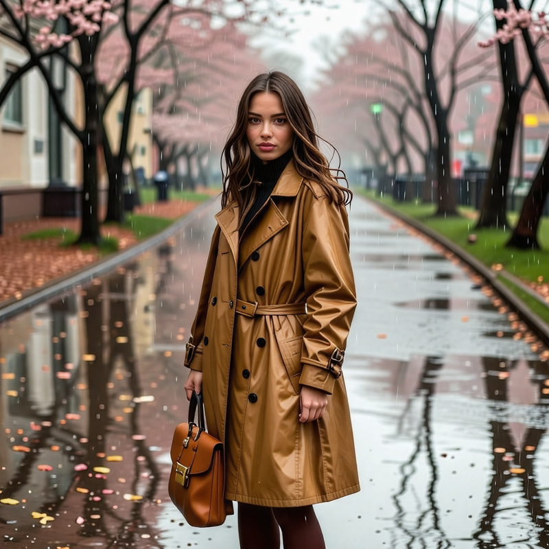Spring Fashion: Girl in Raincoat with Stylish Bag Spring Fashion: Girl in Raincoat with Stylish Bag