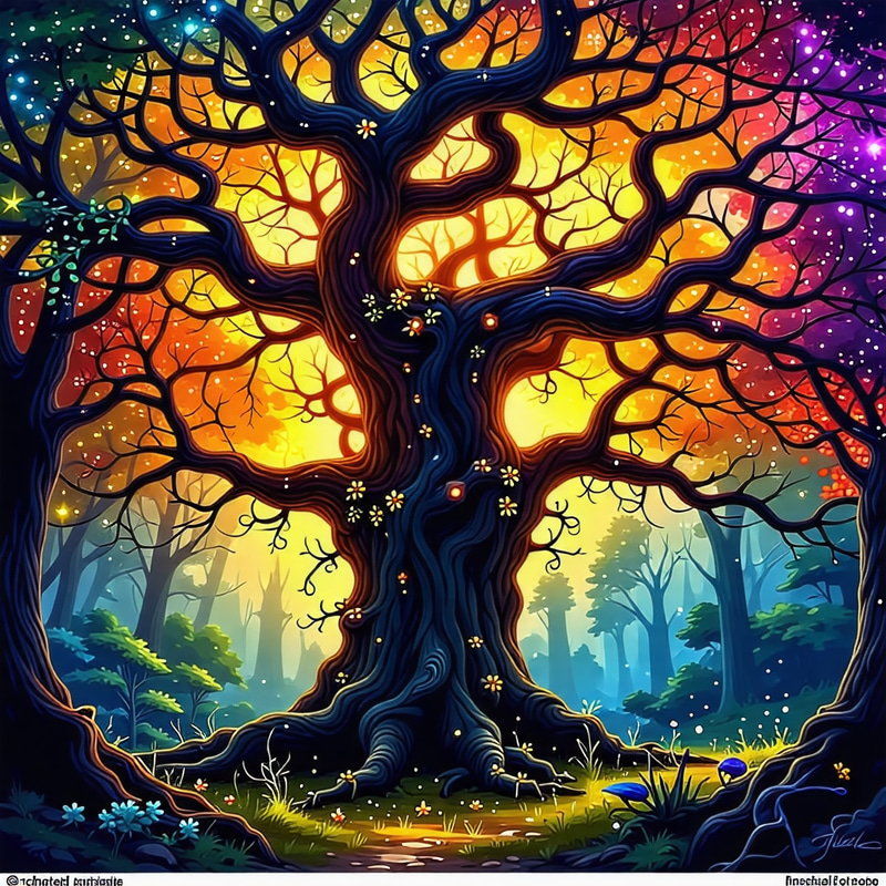 Enchanted Forest with Ancient Tree: Vibrant Fantasy Art Enchanted Forest with Ancient Tree: Vibrant Fantasy Art