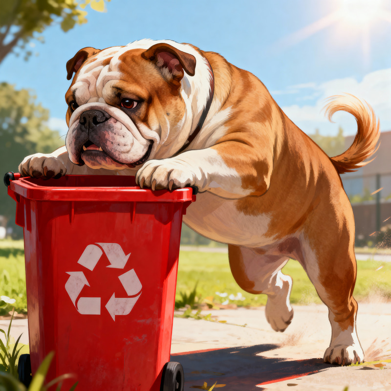 Bulldoh Pushing a Recycling Bin Bulldoh Pushing a Recycling Bin