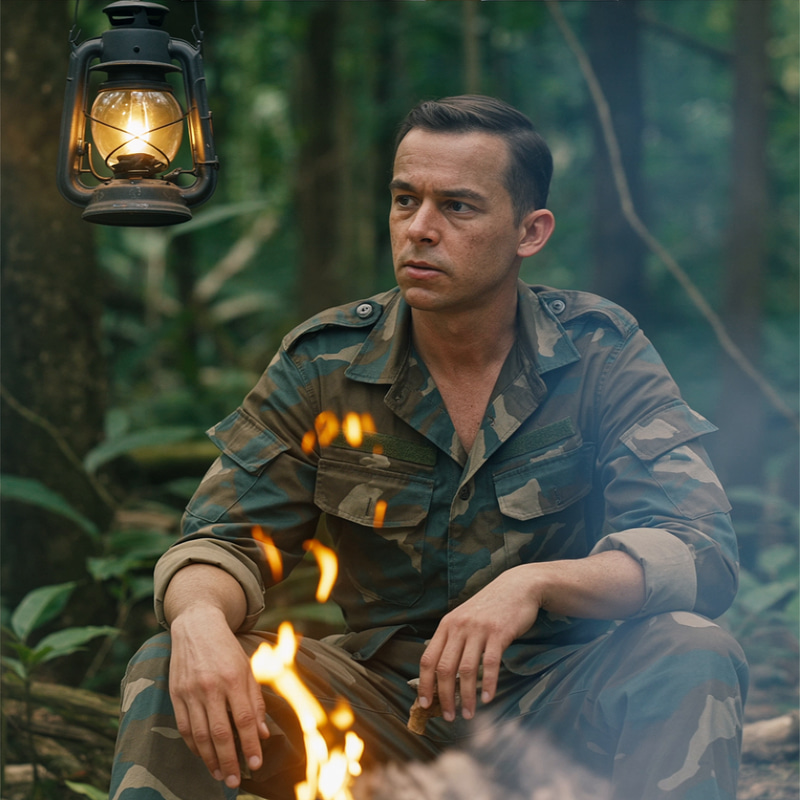 Solitary Soldier by Campfire in Malayan Jungle Solitary Soldier by Campfire in Malayan Jungle
