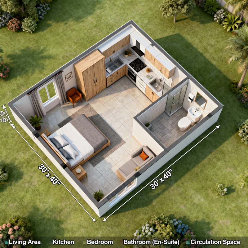 1-Bedroom House Floor Plan - 30x40 Design