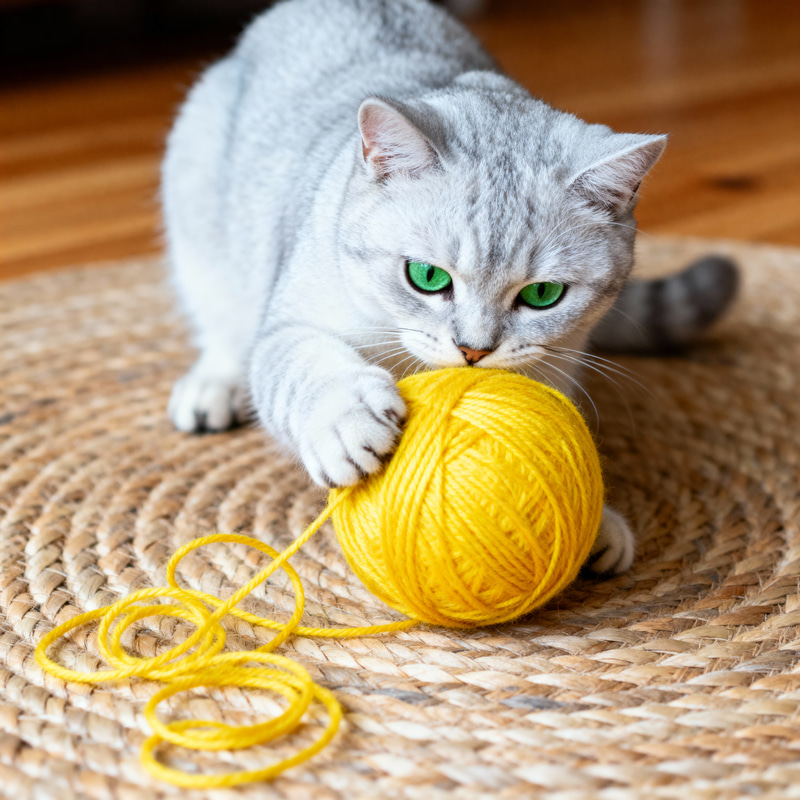 Playful Silver Cat Chasing Yarn Ball Playful Silver Cat Chasing Yarn Ball