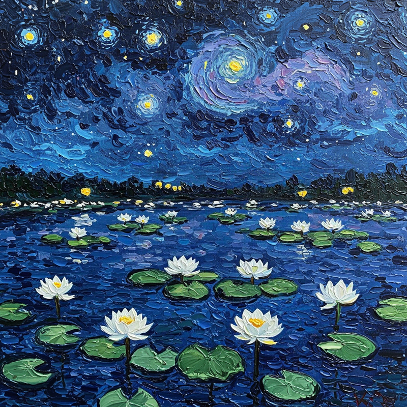 Van Gogh Style: White Lotus Against Starry Night