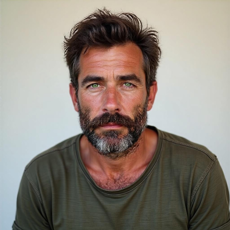 43-Year-Old Man with Dark Hair and Green Eyes