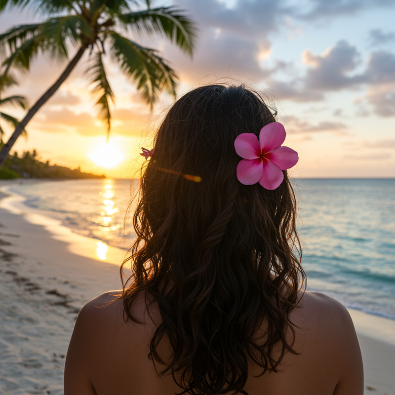 Woman Enjoying Caribbean Sunrise with Flower in Hair Woman Enjoying Caribbean Sunrise with Flower in Hair