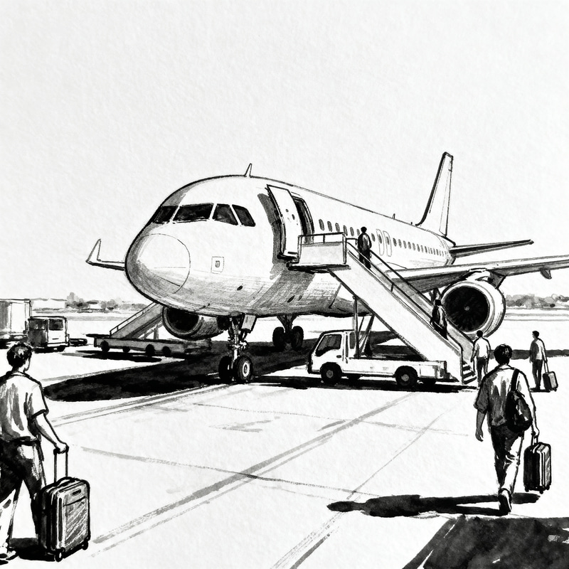 People Collecting Luggage from Parked Plane Drawing