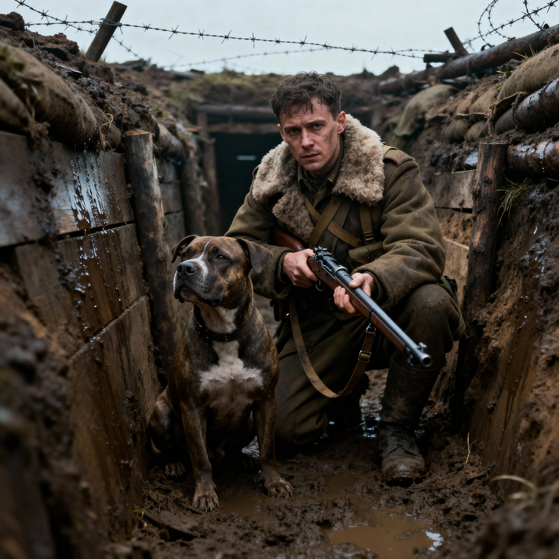 Soldier in Trenches with Pitbull - Powerful Imagery