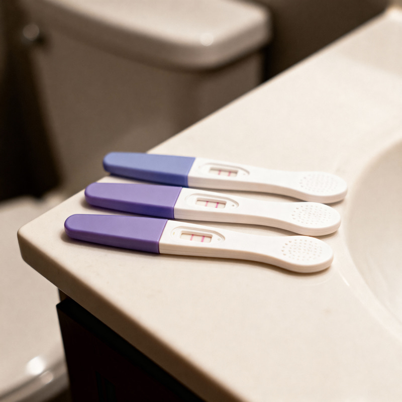 3 Positive Pregnancy Tests on Bathroom Counter