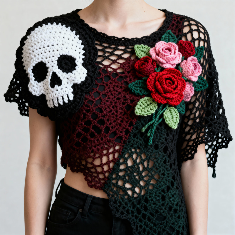 Asymmetrical Crochet Shirt Pattern with Skulls & Roses Asymmetrical Crochet Shirt Pattern with Skulls & Roses