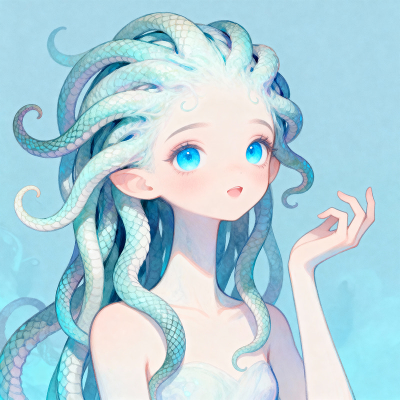 Whimsical Medusa-Like Monster with Blue Eyes