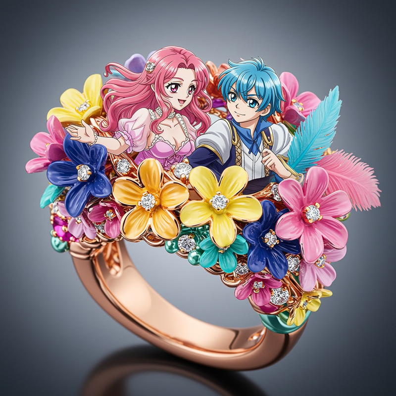 Whimsical Custom Ring with Anime Couple Design Whimsical Custom Ring with Anime Couple Design