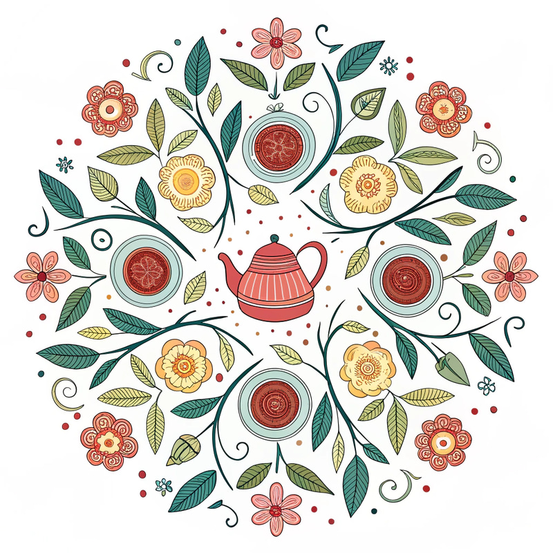 Symmetrical Mandala Design with Teapots and Cups