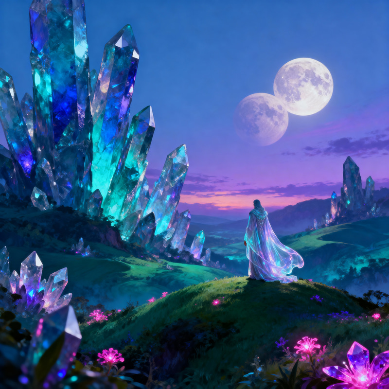 Surreal Twilight Landscape with Crystal Formations