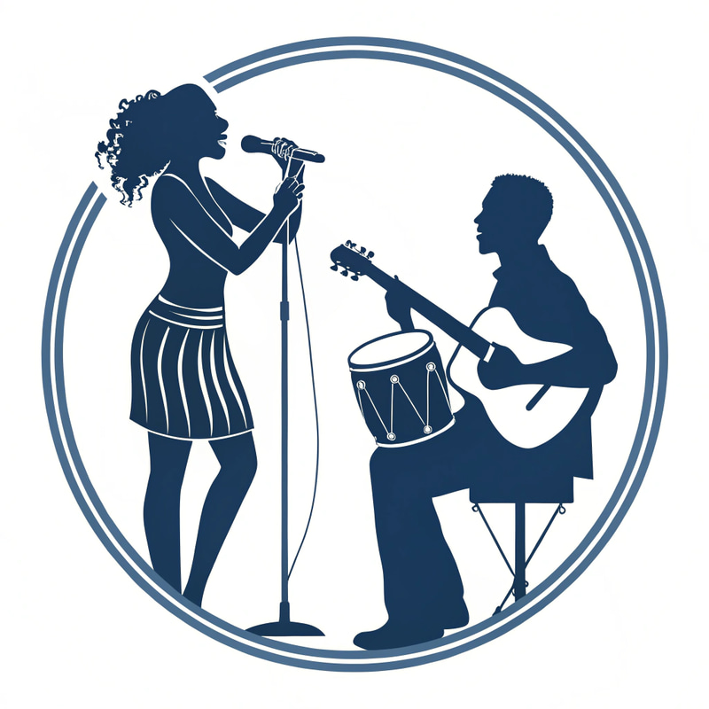 Musical Duo Logo: Guitarist & Conga Player Silhouette Musical Duo Logo: Guitarist & Conga Player Silhouette