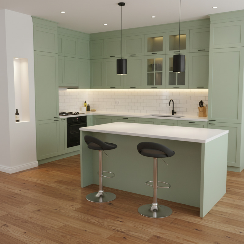 Elegant Kitchen Redesign: Salvia Green & Quartz Detail Elegant Kitchen Redesign: Salvia Green & Quartz Detail