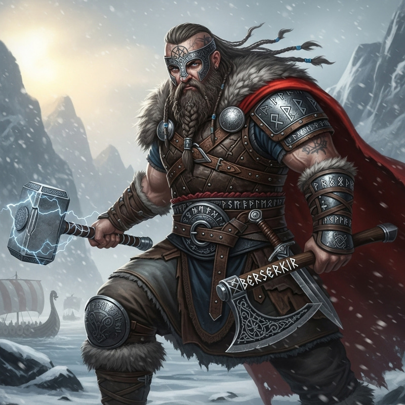 Viking Berserker: Runes & Mjolnir Symbolism