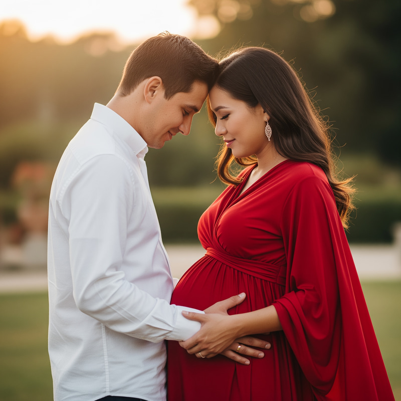 Pregnant Woman in Red Dress with Partner Pregnant Woman in Red Dress with Partner