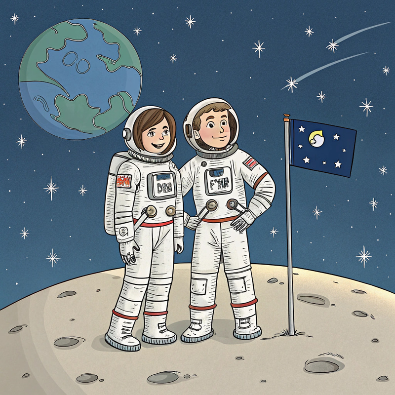 Astronauts on the Moon: A Whimsical Illustration Astronauts on the Moon: A Whimsical Illustration