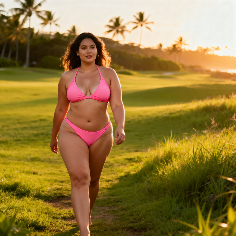 Confident Curvy Woman in Pink Bikini Outdoors Confident Curvy Woman in Pink Bikini Outdoors