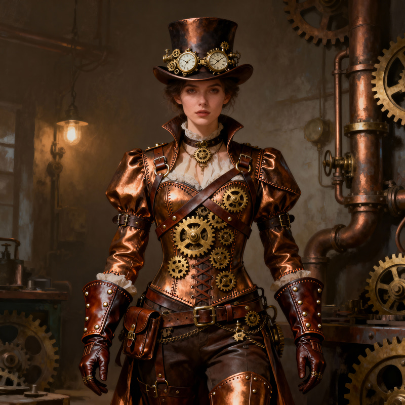 Intricate Steampunk Costume with Brass Gears Intricate Steampunk Costume with Brass Gears