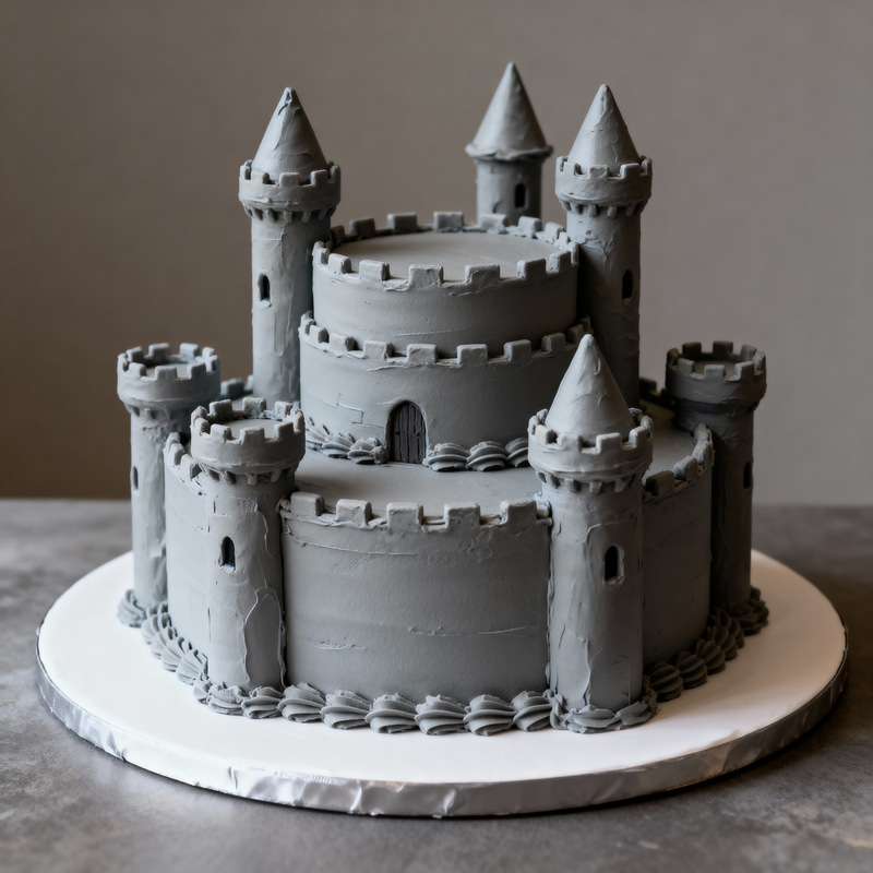 Castle Cake Design in Grey Buttercream