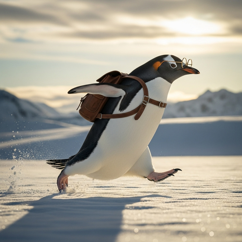 Running Penguin with Backpack and Glasses - Fun Image