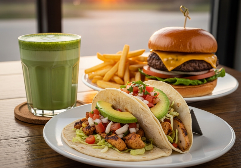 Delicious Matcha & Tasty Taco with Burger and Fries Delicious Matcha & Tasty Taco with Burger and Fries