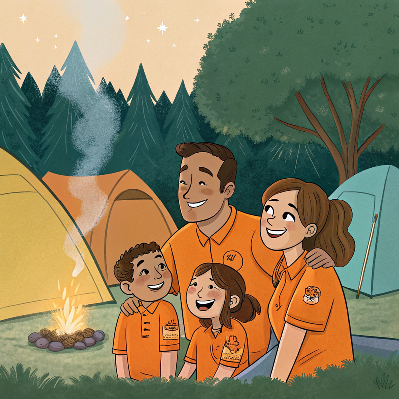 Family in Orange T-Shirts for Camp - Pixar Style