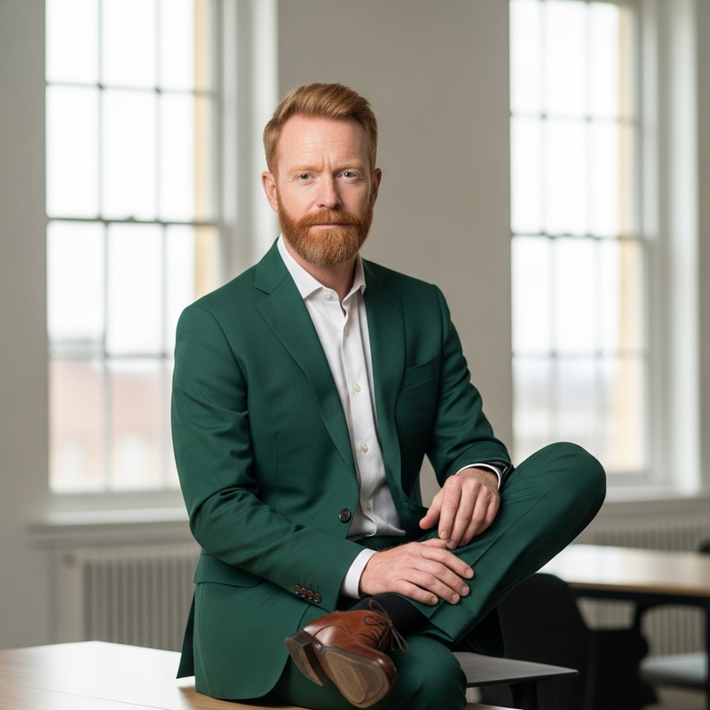 Stylish Red-Haired Man in Green Suit