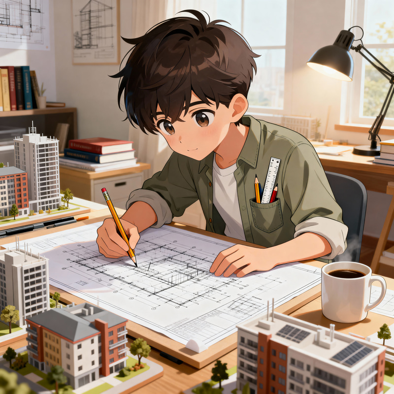 Anime Architect Boy: Blueprint Designs & Passion Anime Architect Boy: Blueprint Designs & Passion