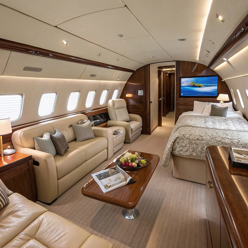 Luxury Private Jet Interiors with Couches and Beds Luxury Private Jet Interiors with Couches and Beds