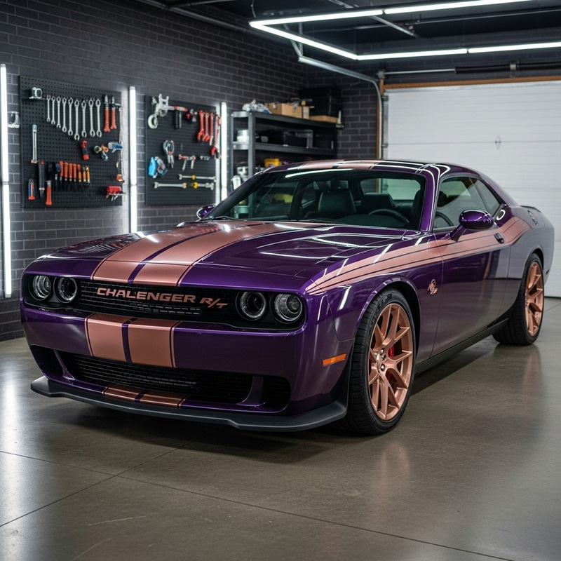 Purple Dodge Challenger with Rose Gold Stripes