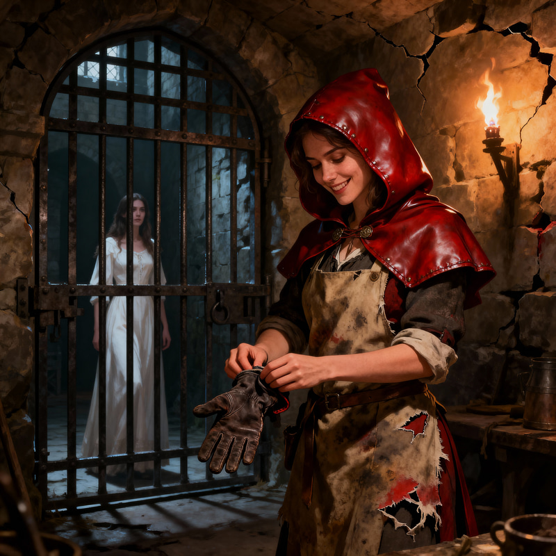 Mystical Castle Scene: Woman in Red Hood and Gloves Mystical Castle Scene: Woman in Red Hood and Gloves
