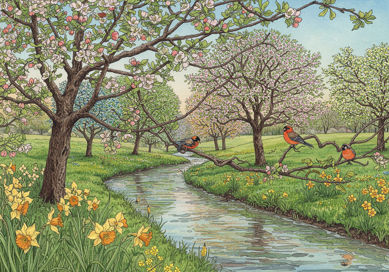 Spring River Landscape with Apple Trees & Blooms