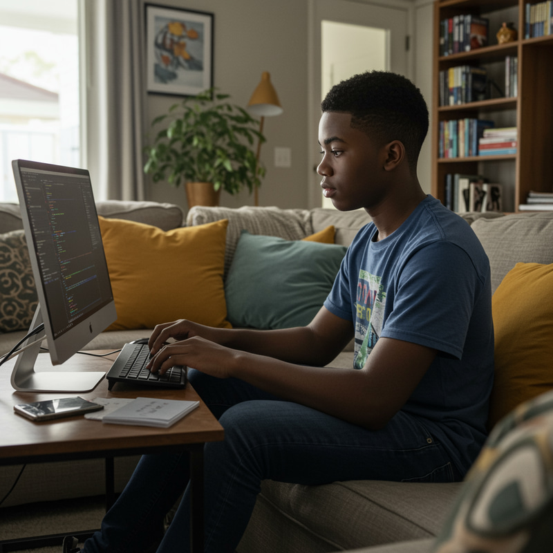 20-Year-Old Black Boy Using Computer in Living Room 20-Year-Old Black Boy Using Computer in Living Room