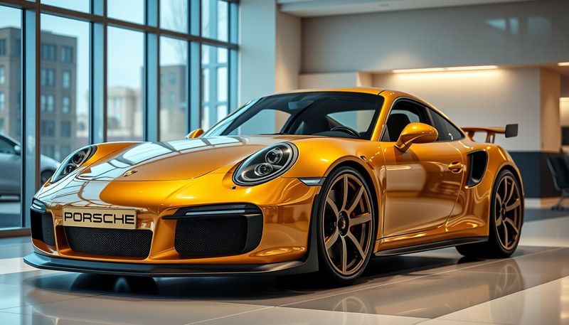 Gold Porsche Sports Car in Sleek Showroom Gold Porsche Sports Car in Sleek Showroom