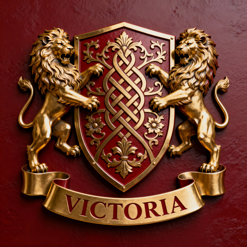 Victoria Family Crest: Heraldic Shield & Lions