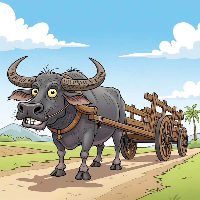 Carabao with Long Empty Cart Caricature Carabao with Long Empty Cart Caricature