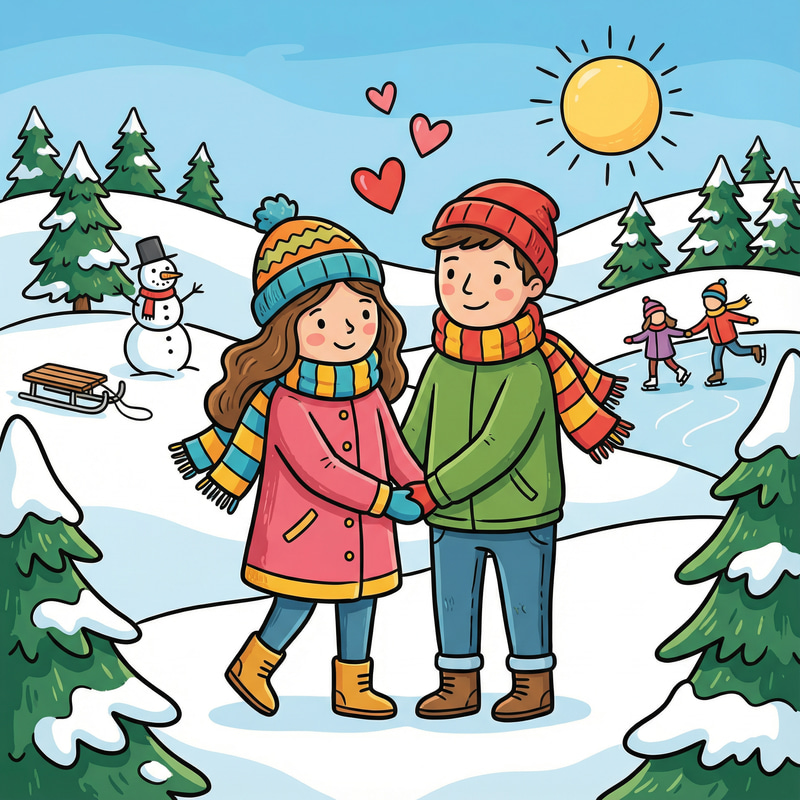 Winter Love Clipart: Couple in Sunny Landscape